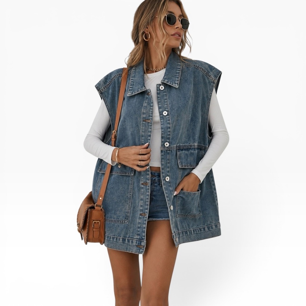 Oversized Denim Vest Womens Blue Jean Sleeveless Utility Jacket‎ OSFM Baggy Fit